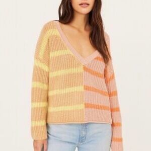 American Eagle Outfitters V-Neck Sweater - Yellow and Orange Stripes